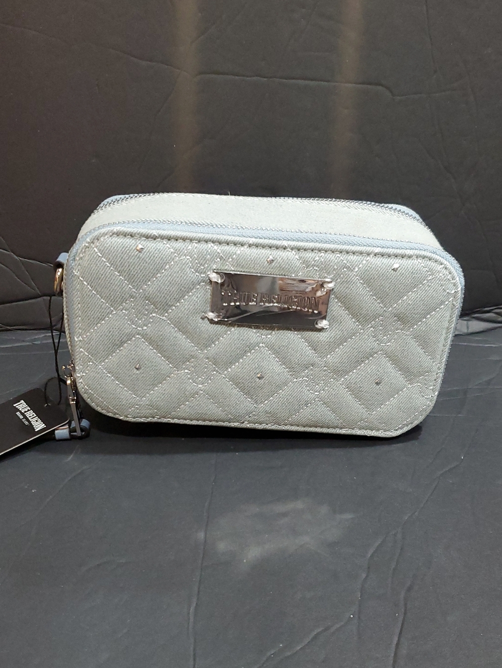 True Religion quilted blue denim logo stitched carryall convertible clutch purse